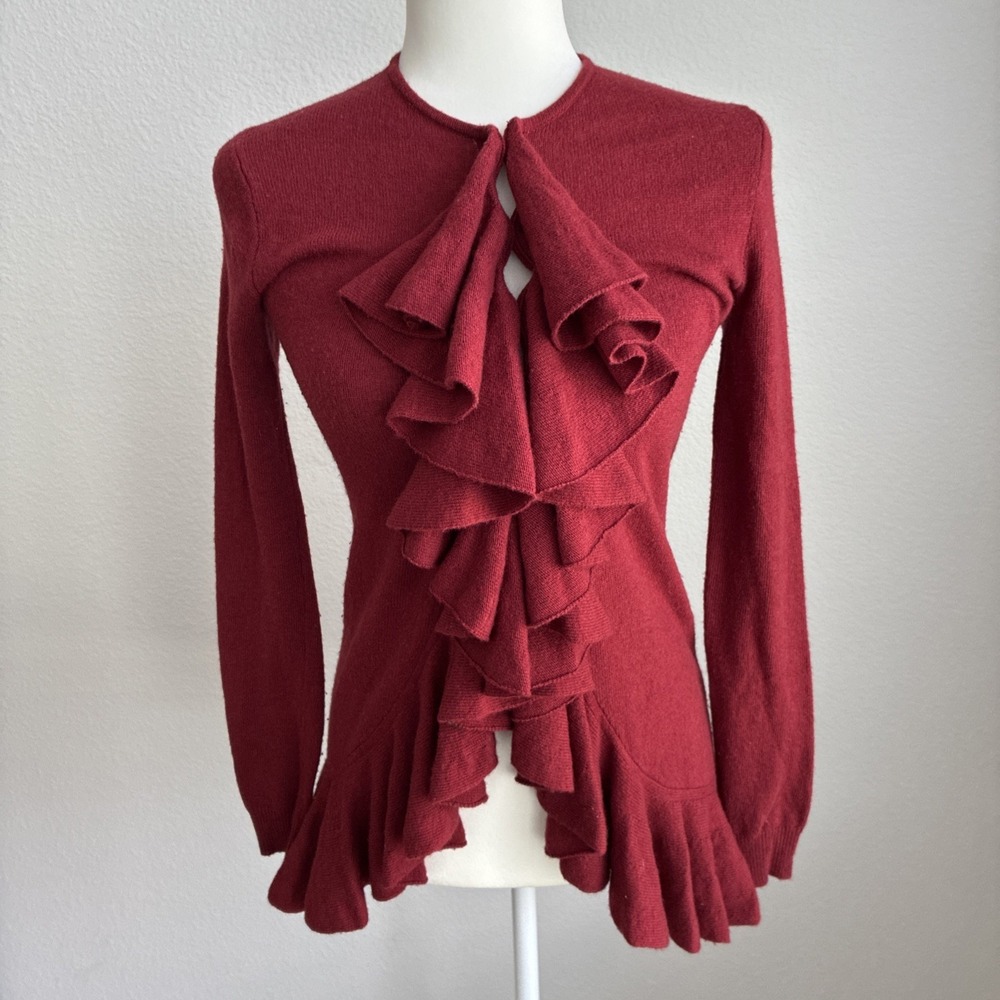 Ralph Lauren Sport Merino Wool Cashmere Ruffle Cardigan Red Small Career Woman
